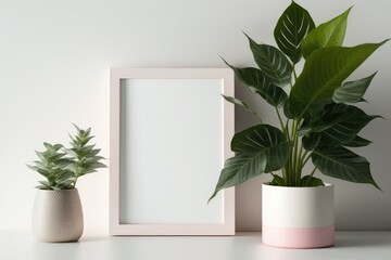 A potted green house plant and an empty pink picture frame are featured in this minimalist home interior mockup. with copy space, a picture. Generative AI