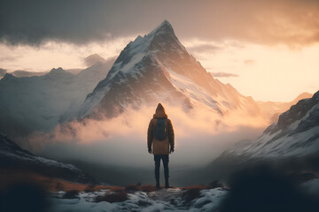 A snowy mountain peak at sunrise with generative AI technology