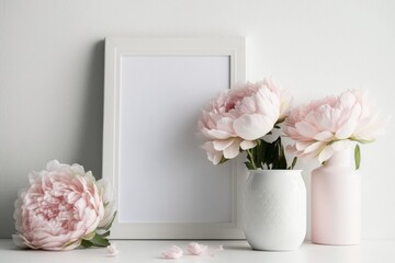 Obraz na płótnie Canvas floral interior decoration on a white shelf. blank mock-up of a picture frame from the front. Pink peonies in a vase on a white background are lovely flowers. Generative AI