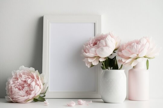 floral interior decoration on a white shelf. blank mock-up of a picture frame from the front. Pink peonies in a vase on a white background are lovely flowers. Generative AI