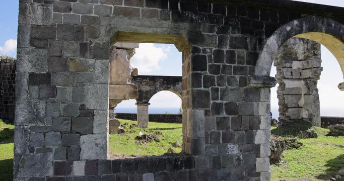 Archway in ruins at historic Brimstone Hill Fortress Historic Park, a UNESCO Heritage site on the island of St. Kitts-Pan