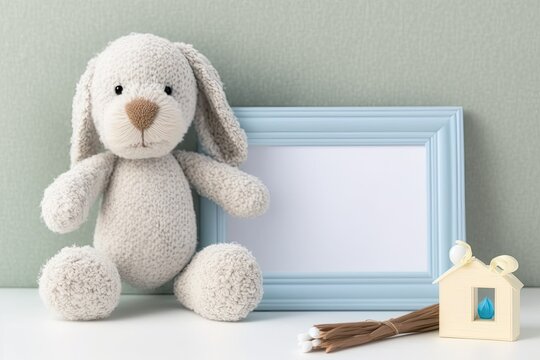 Picture frame and cute toy bunny on table against light background, writing space. Nursery accessories. Generative AI