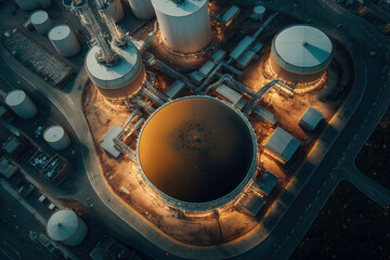 Aerial top view of factory station, oil fuel storage tank, petroleum refinery, manufactory, industrial process plant oil refinery for energy with Generative AI.