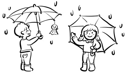 傘をさす子供たちのイラスト　1色