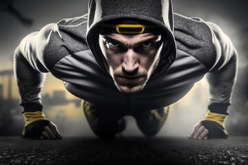 Generative Illustration AI of handsome Determined man doing pushups in the gym, studio