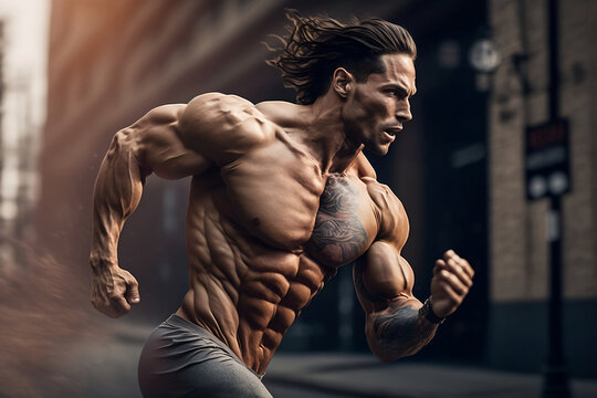 Generative Illustration AI of  muscle male athlete running/ jogging on street