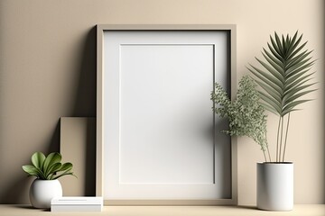 Blank frame on beige wall. Generative AI