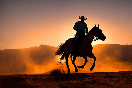 AI generated image of a cowboy with his horse running in the field with the sunset in the background