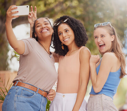 Selfie, girl friends and smile of student women together with travel and freedom with a phone. Outdoor, happiness and happy summer vacation taking a social media profile picture in a park on holiday