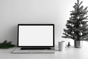 Copy-space laptop template. Home office workstation. Christmas tree-decorated modern Nordic interior. Generative AI