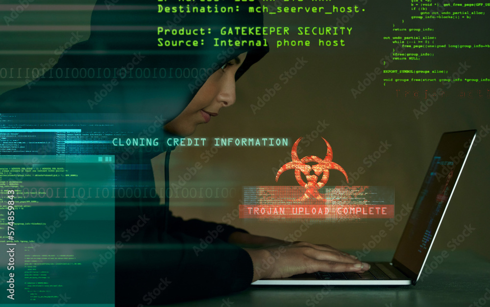 Aufkleber Hack, cyber security and female hacker with laptop coding on website for crypto data. Scam, cyber attack and woman doing fraud or hacking on internet with computer for information technology in dark.