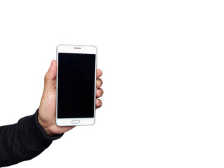Male hand holding smartphone with black screen isolated on white.