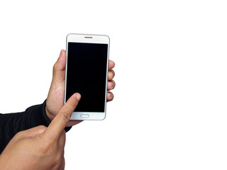 Male hand holding smartphone pointing or touching the screen.