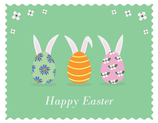 Happy Easter greeting card poster and template with Easter Eggs and flower on green.Greetings and presents for Easter Day.Promotion and shopping template for Easter Day.Vector illustration EPS10