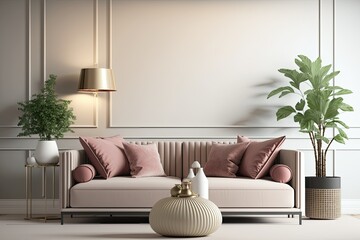 Luxury modern light living room interior, beige empty wall mockup,. Generative AI