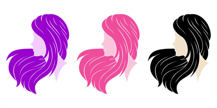 Woman heads logo. Beautiful female faces with long hair, beauty girl hairstyle logo silhouette vector elegance