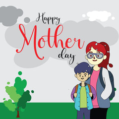 Vector ilustration off happy mothers day greeting card invitations with blank space area and cartoon couple in soft brown background 
