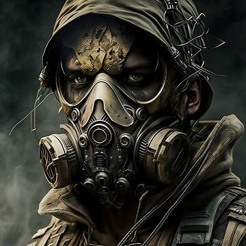 Closeup of a Soldier Wearing Camouflage Fatigues and a Gas Mask Generative AI