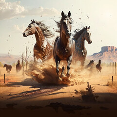 Horses running wild in the desert