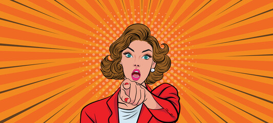 Beautiful businesswoman with open mouth and pointing finger at you, vintage style Pop Art Cartoon Vector Illustration