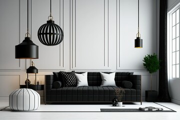 Interior design of a contemporary living room with a sofa and black lighting. Generative AI