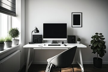 Modern workplace, home office, comfortable workspace. Generative AI