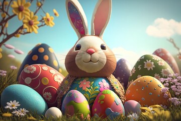 Easter bunny with colorful eggs on green grass. Easter Day Generative AI - obrazy, fototapety, plakaty