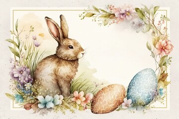 Easter greeting card with cute bunny and eggs. Watercolor painting. Generative AI