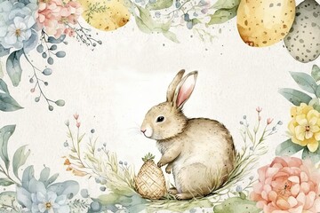 Easter greeting card with cute bunny and eggs. Watercolor painting. Generative AI - obrazy, fototapety, plakaty