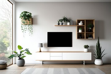 Wall-mounted shelves with furniture, a light, plants, a sofa, and a carpet. Generative AI