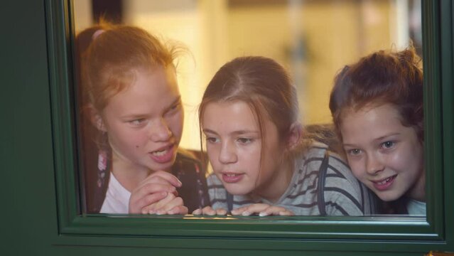 Happy schoolgirls look through classroom glass door and talk. Realtime