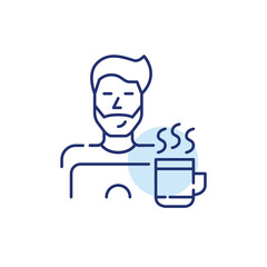 Stylish guy working or studying at laptop with hot coffee in a mug. Remote job. Pixel perfect, editable stroke line icon