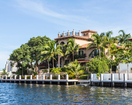 Scenic view to expensive luxuty manison at the canal in Fort Lauderdale, USA