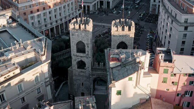 Drone view of Porta Soprana, ancient Towers of Sant'Andrea in Genoa, Italy