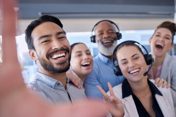 Obraz premium Consultant, happy or call center people with selfie smile in telemarketing company or agency. CRM support team, portrait or funny customer services employees laughing or bonding together in office