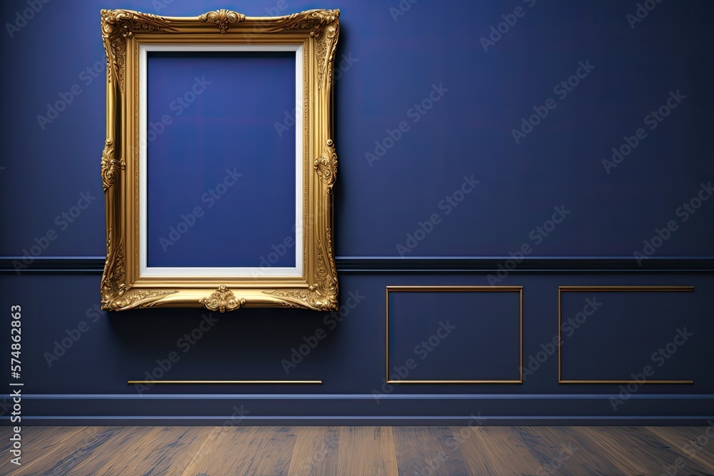 Sticker Antique art fair gallery frame on a royal blue museum or auction house wall. Blank prototype design template with white copyspace. Generative AI