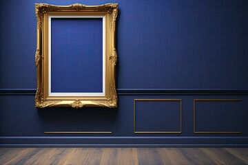 Antique art fair gallery frame on a royal blue museum or auction house wall. Blank prototype design template with white copyspace. Generative AI - obrazy, fototapety, plakaty