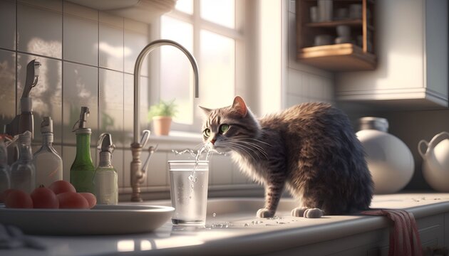 a cat playing running water from the sink in the kitchen, Generative AI