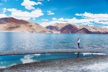 Happy Girl travel to Pangong lake, Leh Ladakh, India