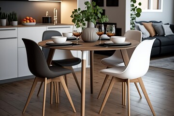 A modern, expensive, and airy apartment has a four-person wooden dining table with four chairs. Generative AI
