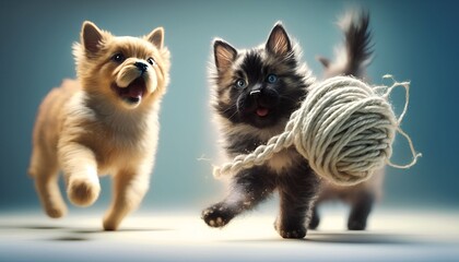 Obraz premium cat and dog playing in piles of yarns and cloth fabrics, Generative AI