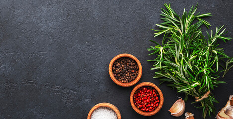Fresh rosemary, sea salt, black and pink pepper, garlic on black kitchen table background. Spices for cooking  Top view banner