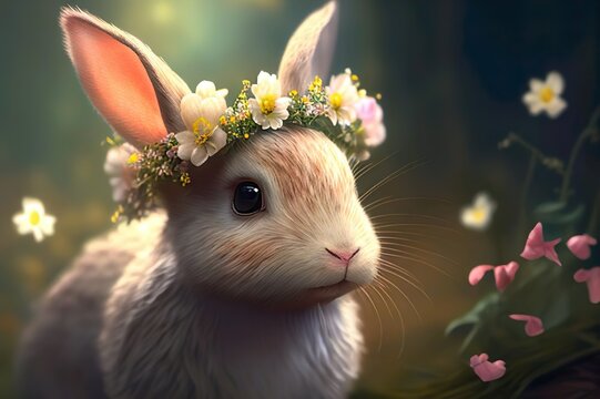 Ein Hase / Osterhase mit mit einem sch&ouml;nen Blumenkranz  auf dem Kopf. Mit grossen und kleinen Bl&uuml;ten in den Farben weiss und Rosa, generative AI