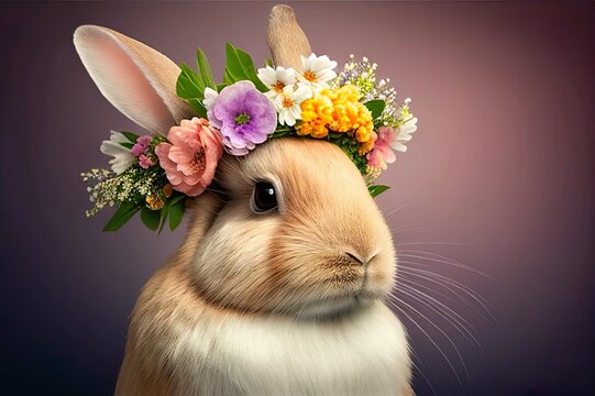 Ein Hase / Osterhase mit mit einem sch&ouml;nen Blumenkranz  auf dem Kopf. Mit grossen und kleinen Bl&uuml;ten in den Farben Lila Rosa orange und Weiss, generative AI