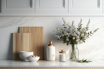 Fototapeta na wymiar Simple comfy product presentation background. Flower-filled kitchen. Generative AI