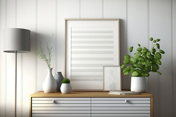 Frame mock-up in a contemporary, inviting living room with a wooden chest of drawers, striped wallpaper, a window, and parquet; blurred background. Background in interior design, art, and Scandinavian