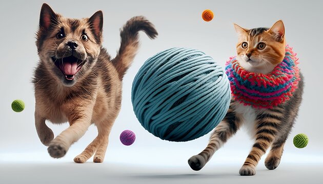 cat and dog playing in piles of yarns and cloth fabrics, Generative AI