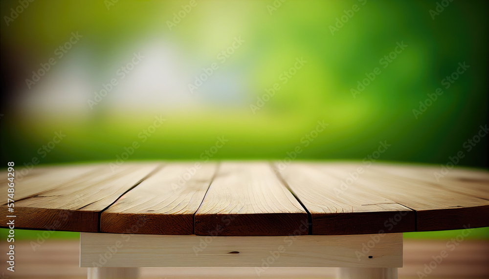 Wall mural empty old wooden table with fresh green spring garden in background