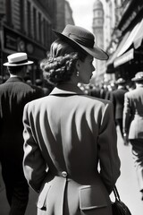 Obraz premium elegant young woman walking in an European street in 1948. monochromatic vintage. generative AI 