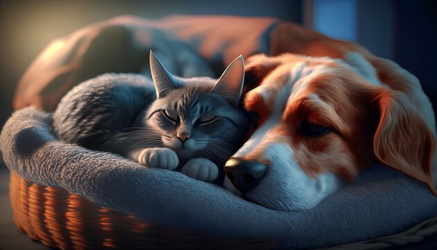 cat and dog sleeping together, Generative AI
